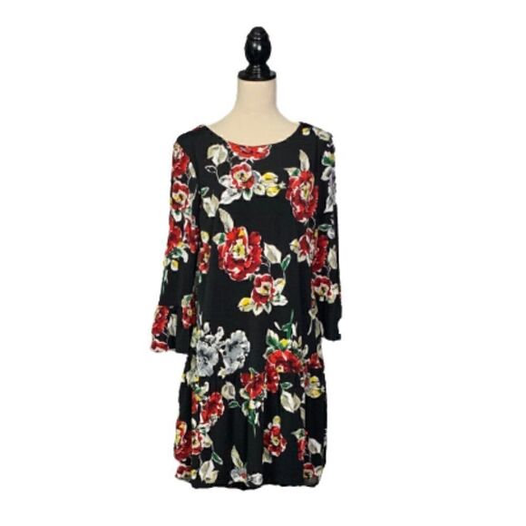Black & Red Floral Bell Sleeve Dress Very Soft & Stretchy - Picture 1 of 4